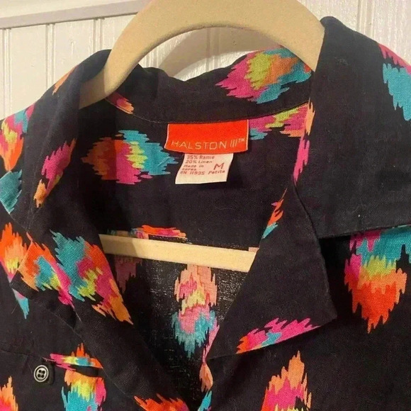 VTG Halston III Linen Blend Southwestern Camp Button Up - Picture 3 of 9